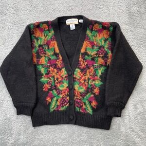 VTG Jason Prescott Sweater Womens Medium Petite Black Wool Cardigan Floral Knit